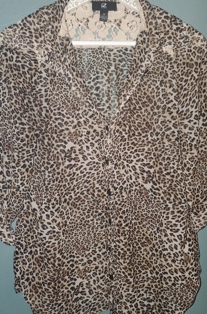 IZ BYER leopard print sheer lace shirt